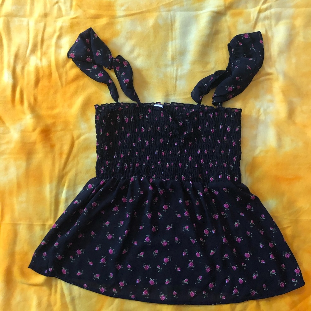 Black semi sheer blouse with red roses